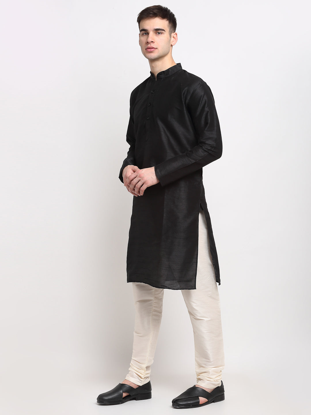 Men's Black Solid Dupion Silk Kurta Payjama Set ( JOKP 636 Black ) - Virat Fashions