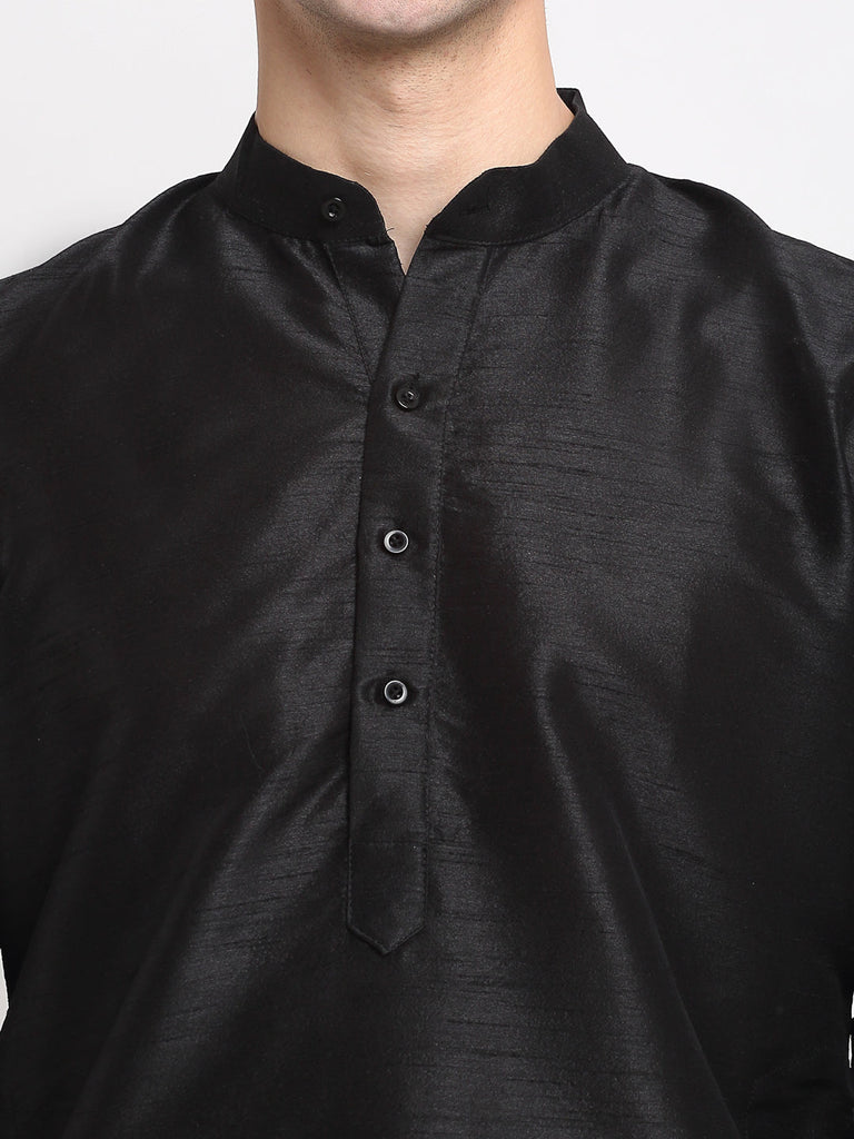 Men's Black Solid Dupion Silk Kurta Payjama Set ( JOKP 636 Black )