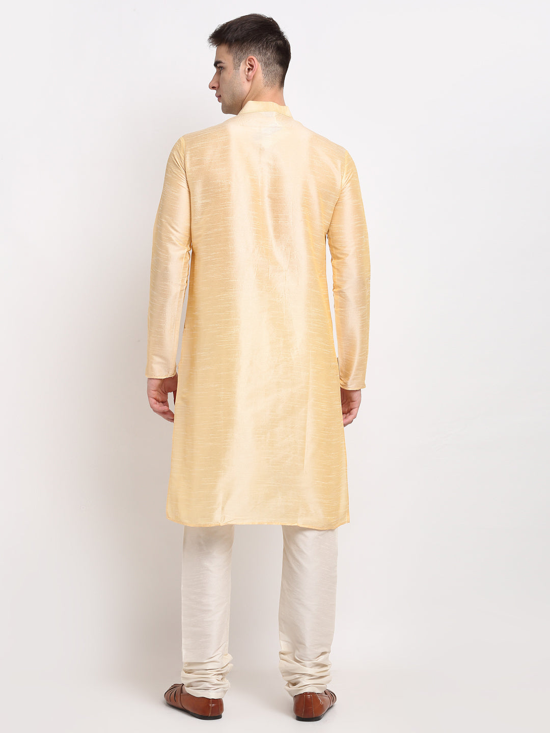 Men's Golden Solid Dupion Silk Kurta Payjama Set ( JOKP 636 Golden ) - Virat Fashions