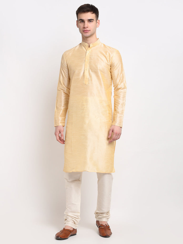 Men's Golden Solid Dupion Silk Kurta Payjama Set ( JOKP 636 Golden )