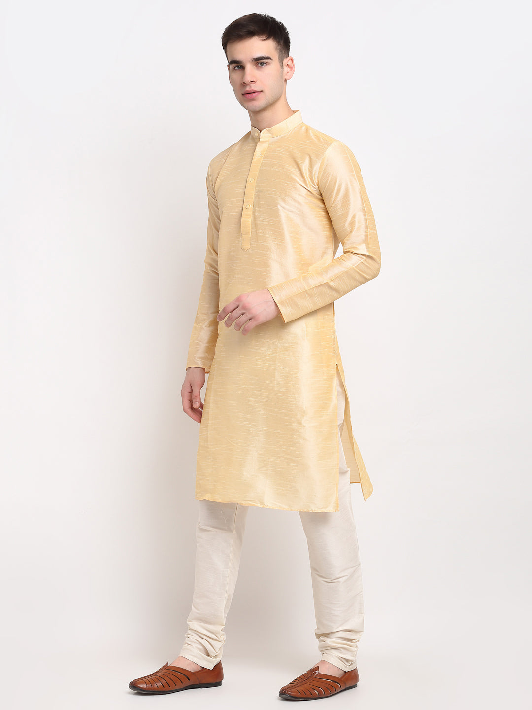 Men's Golden Solid Dupion Silk Kurta Payjama Set ( JOKP 636 Golden ) - Virat Fashions