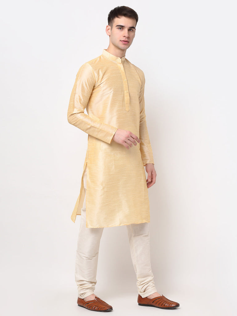 Men's Golden Solid Dupion Silk Kurta Payjama Set ( JOKP 636 Golden )