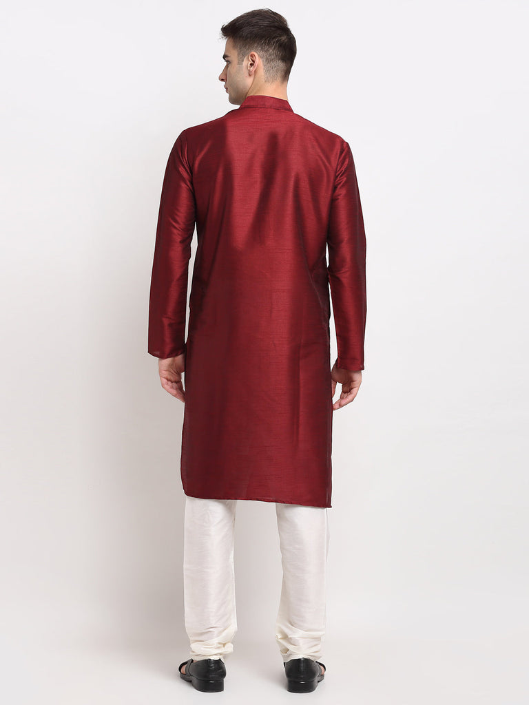 Men's Maroon Solid Dupion Silk Kurta Pyjama Set ( Jokp 636 Maroon )