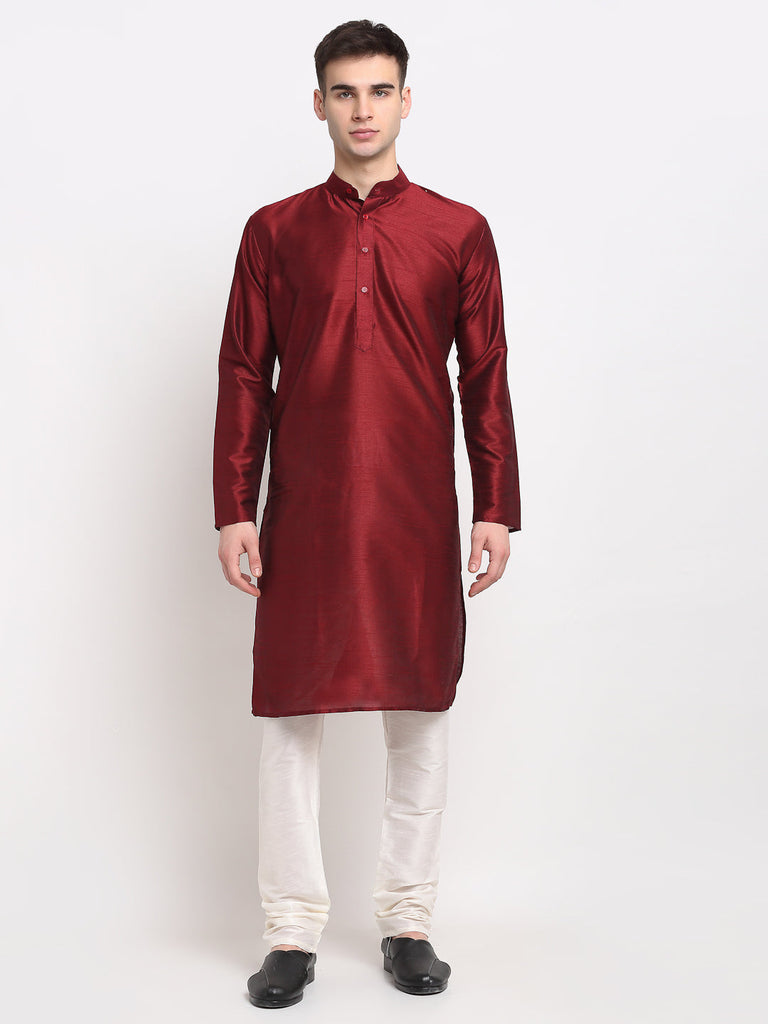 Men's Maroon Solid Dupion Silk Kurta Pyjama Set ( Jokp 636 Maroon )