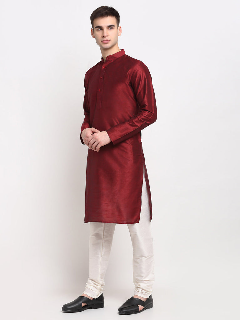 Men's Maroon Solid Dupion Silk Kurta Pyjama Set ( Jokp 636 Maroon )