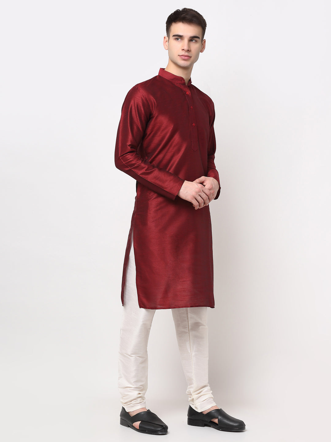 Men's Maroon Solid Dupion Silk Kurta Pyjama Set ( Jokp 636 Maroon ) - Virat Fashions