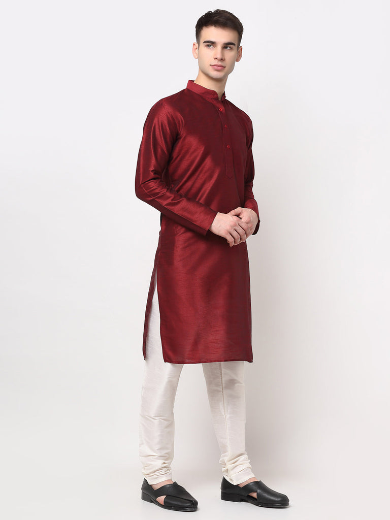 Men's Maroon Solid Dupion Silk Kurta Pyjama Set ( Jokp 636 Maroon )
