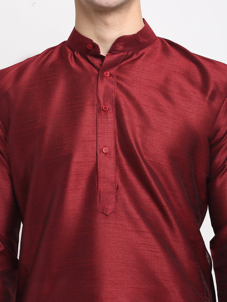 Men's Maroon Solid Dupion Silk Kurta Pyjama Set ( Jokp 636 Maroon )