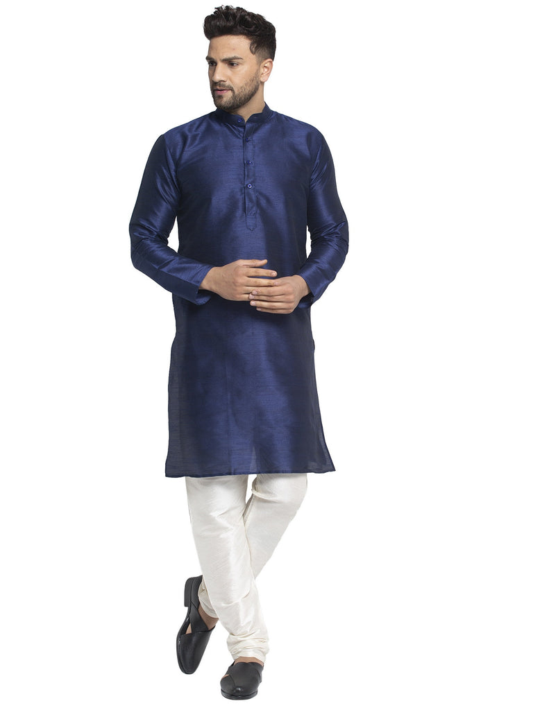 Men's Navy Solid Dupion Silk Kurta Payjama Set ( JOKP 636 Navy )