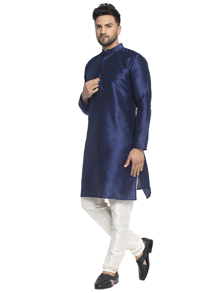 Men's Navy Solid Dupion Silk Kurta Payjama Set ( JOKP 636 Navy )
