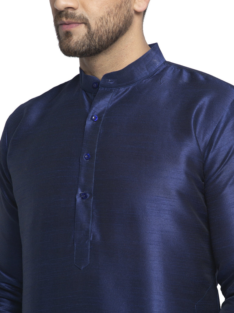 Men's Navy Solid Dupion Silk Kurta Payjama Set ( JOKP 636 Navy )