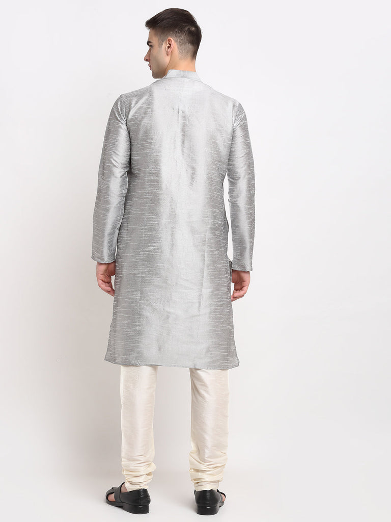 Men's Silver Solid Dupion Silk Kurta Only( KO 636 Silver )