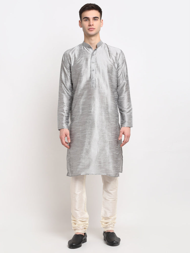 Men's Silver Solid Dupion Silk Kurta Only( KO 636 Silver )