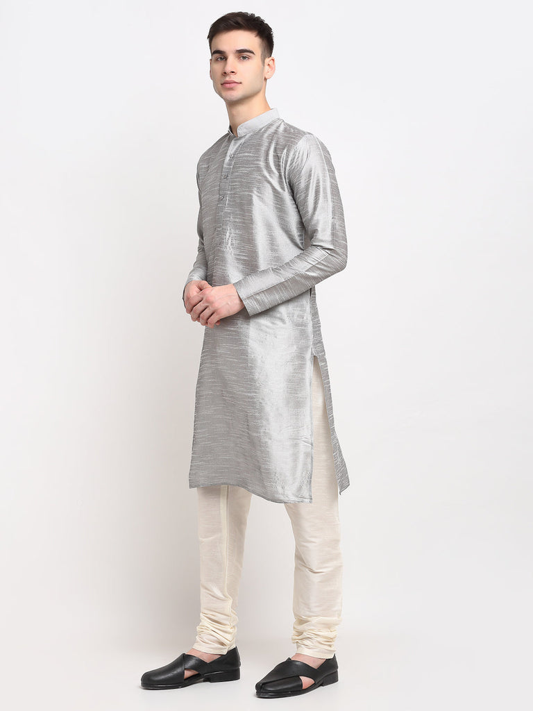 Men's Silver Solid Dupion Silk Kurta Only( KO 636 Silver )