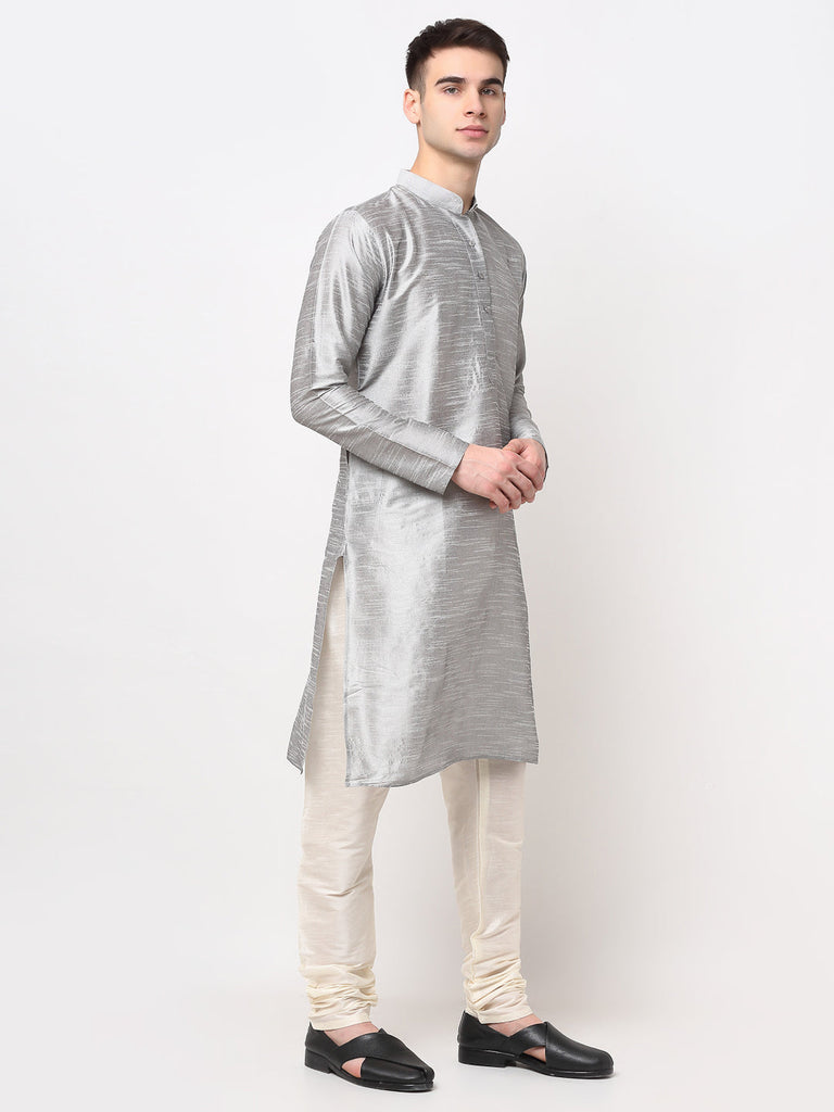 Men's Silver Solid Dupion Silk Kurta Payjama Set ( JOKP 636 Silver )