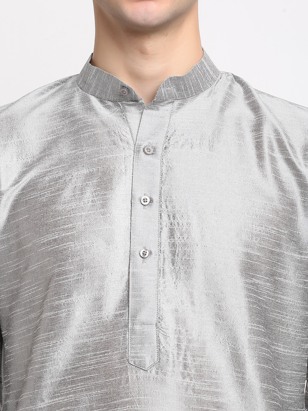 Men's Silver Solid Dupion Silk Kurta Payjama Set ( JOKP 636 Silver ) - Virat Fashions