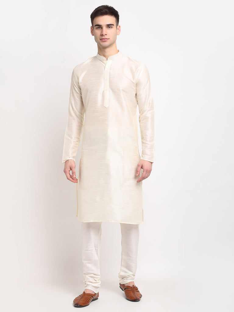 Men's White Solid Dupion Silk Kurta Pyjama Set ( Jokp 636 White )