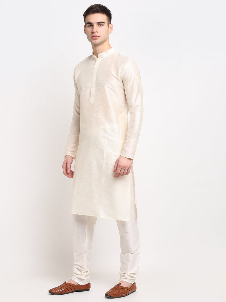 Men's White Solid Dupion Silk Kurta Pyjama Set ( Jokp 636 White )