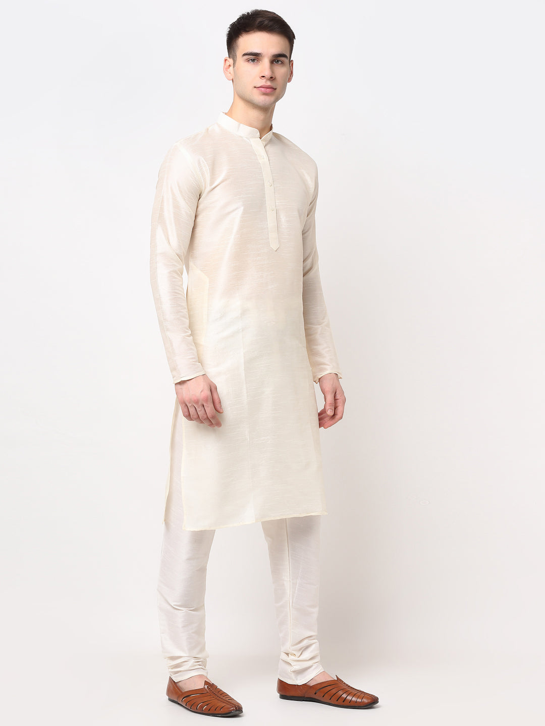 Men's White Solid Dupion Silk Kurta Pyjama Set ( Jokp 636 White ) - Virat Fashions