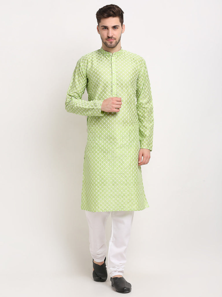 Men's Green Chikankari Kurta With Churidar ( Jokp 641 Green )