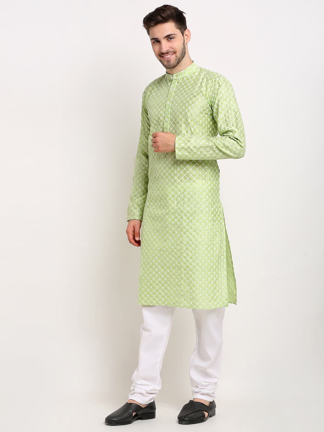 Men's Green Chikankari Kurta With Churidar ( Jokp 641 Green ) - Virat Fashions