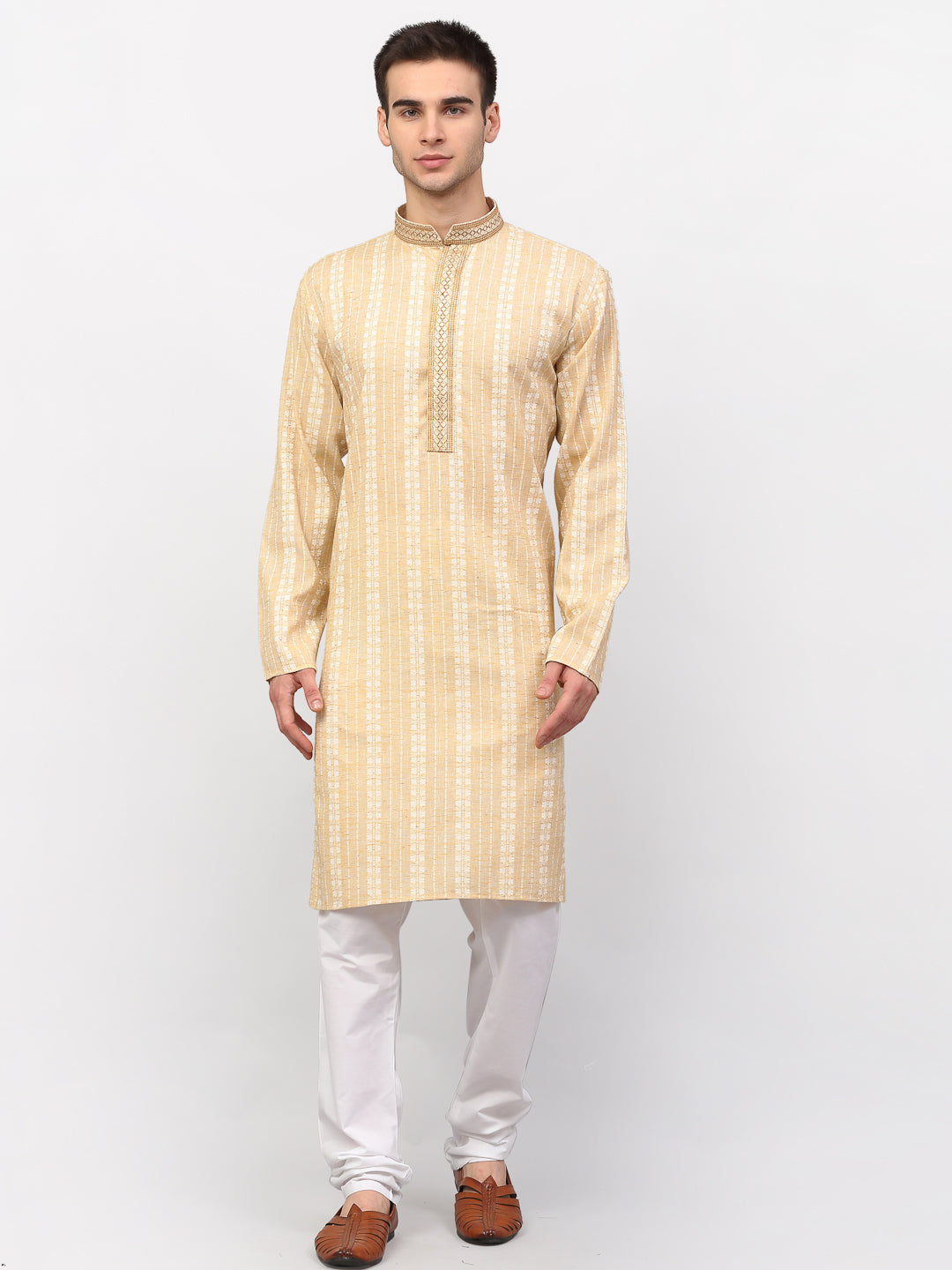 Men's Beige Woven Kurta Pajama ( JOKP 642 Beige ) - Virat Fashions
