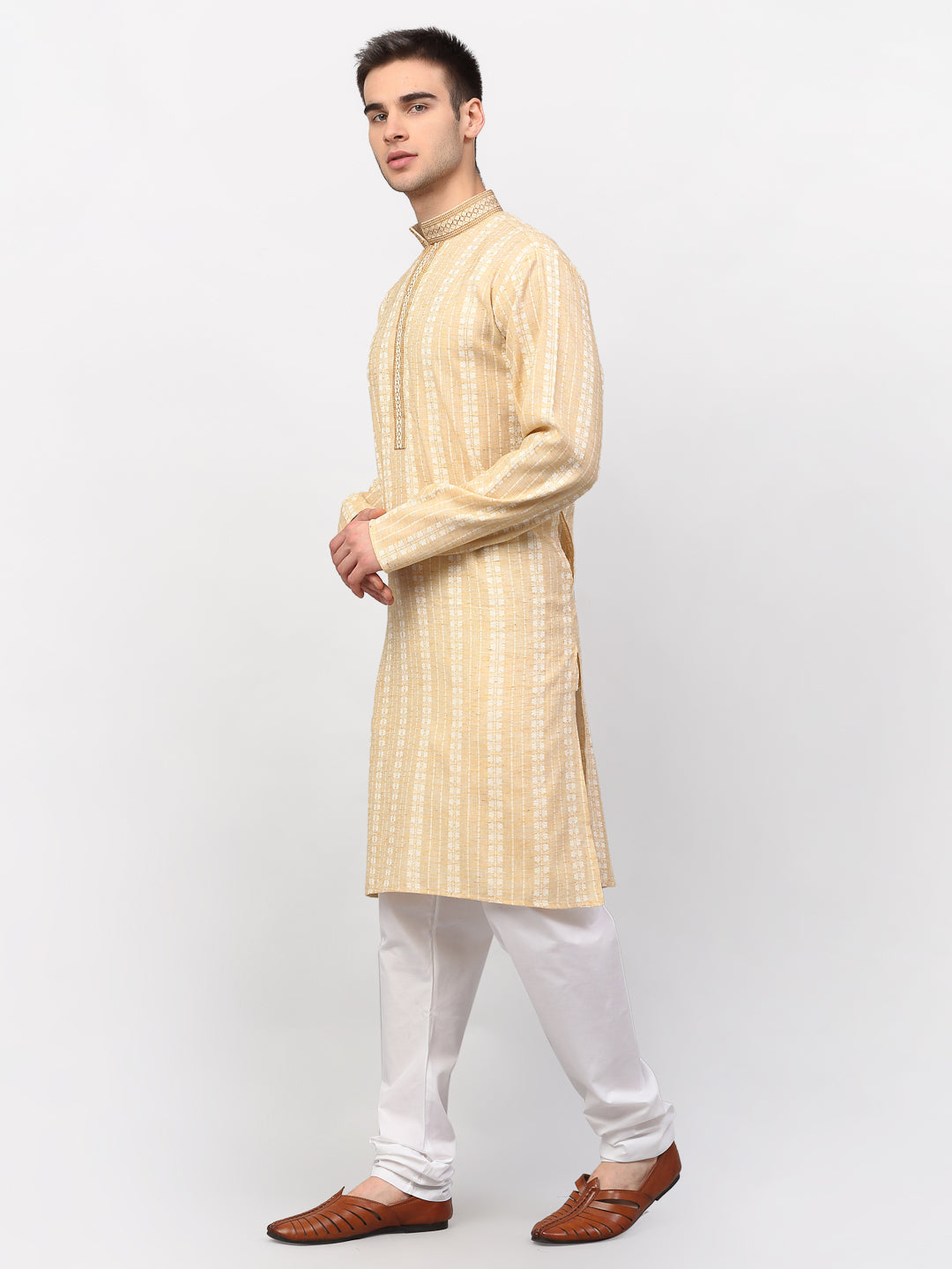 Men's Beige Woven Kurta Pajama ( JOKP 642 Beige ) - Virat Fashions