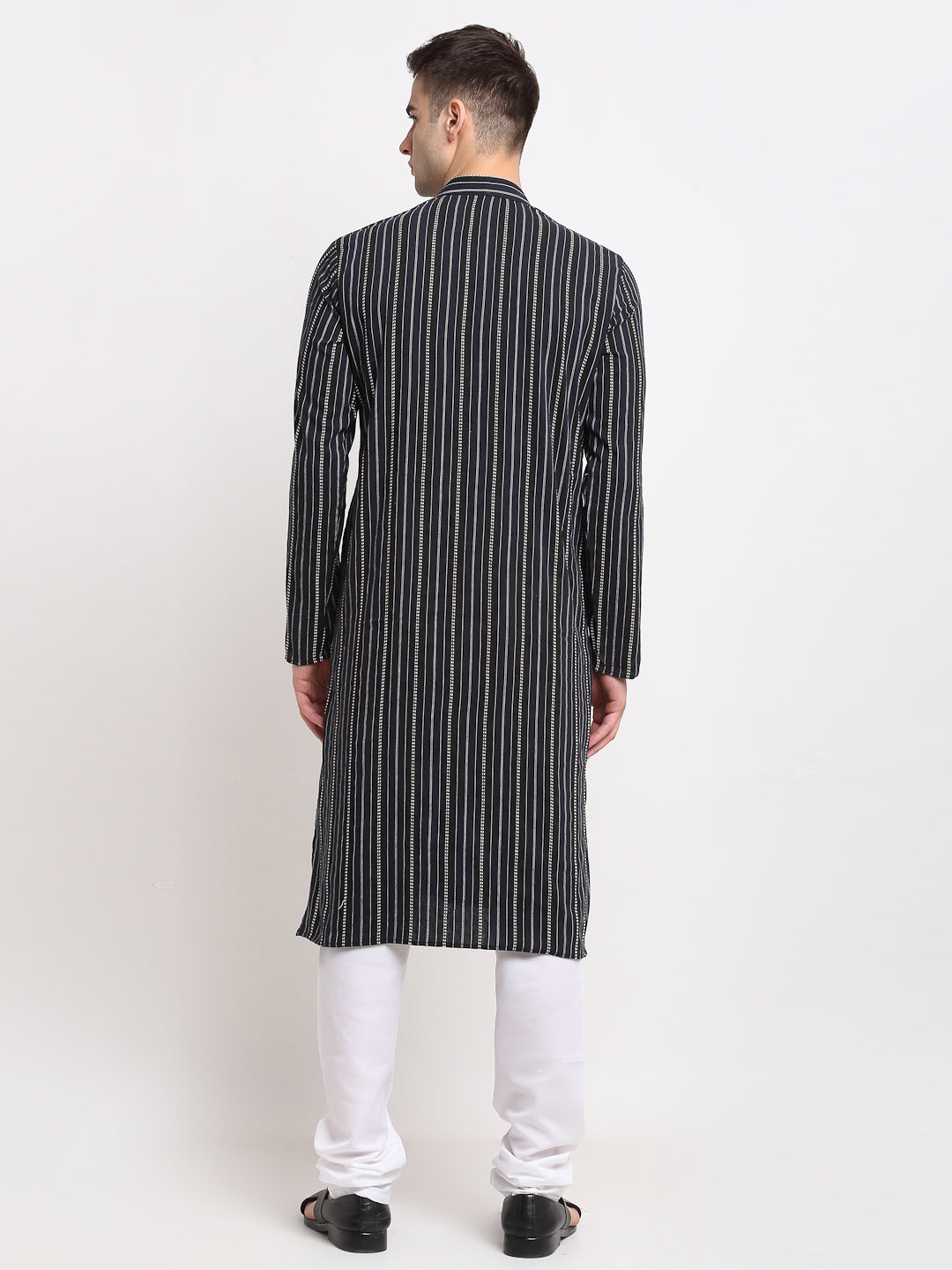 Men's Black Cotton Striped Kurta Payjama Sets ( JOKP 643 Black ) - Virat Fashions