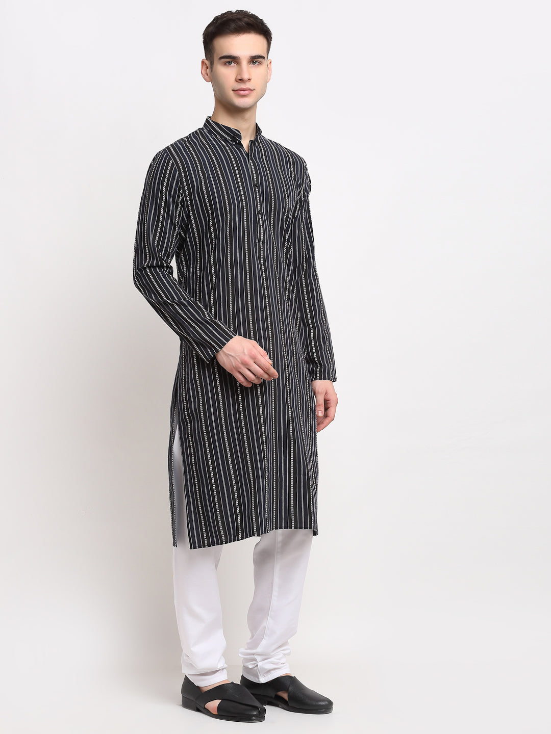 Men's Black Cotton Striped Kurta Only ( KO 643 Black ) - Virat Fashions