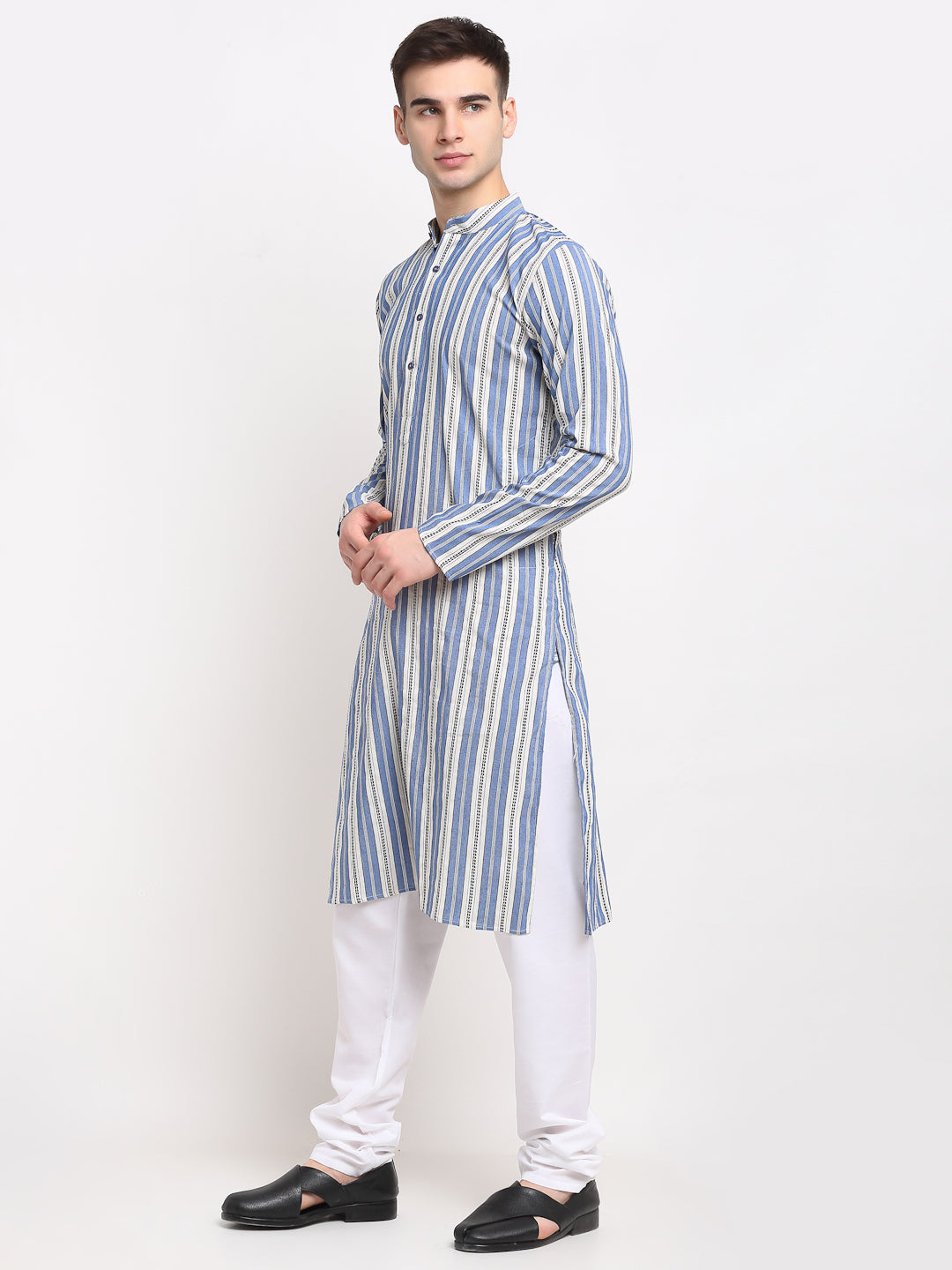 Men's Blue Cotton Striped Kurta Payjama Sets ( JOKP 643 Blue ) - Virat Fashions
