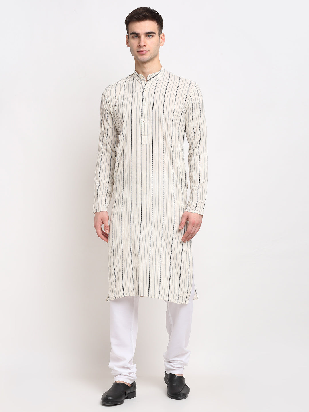 Men's Cream Cotton Striped Kurta Payjama Sets ( JOKP 643 Cream ) - Virat Fashions