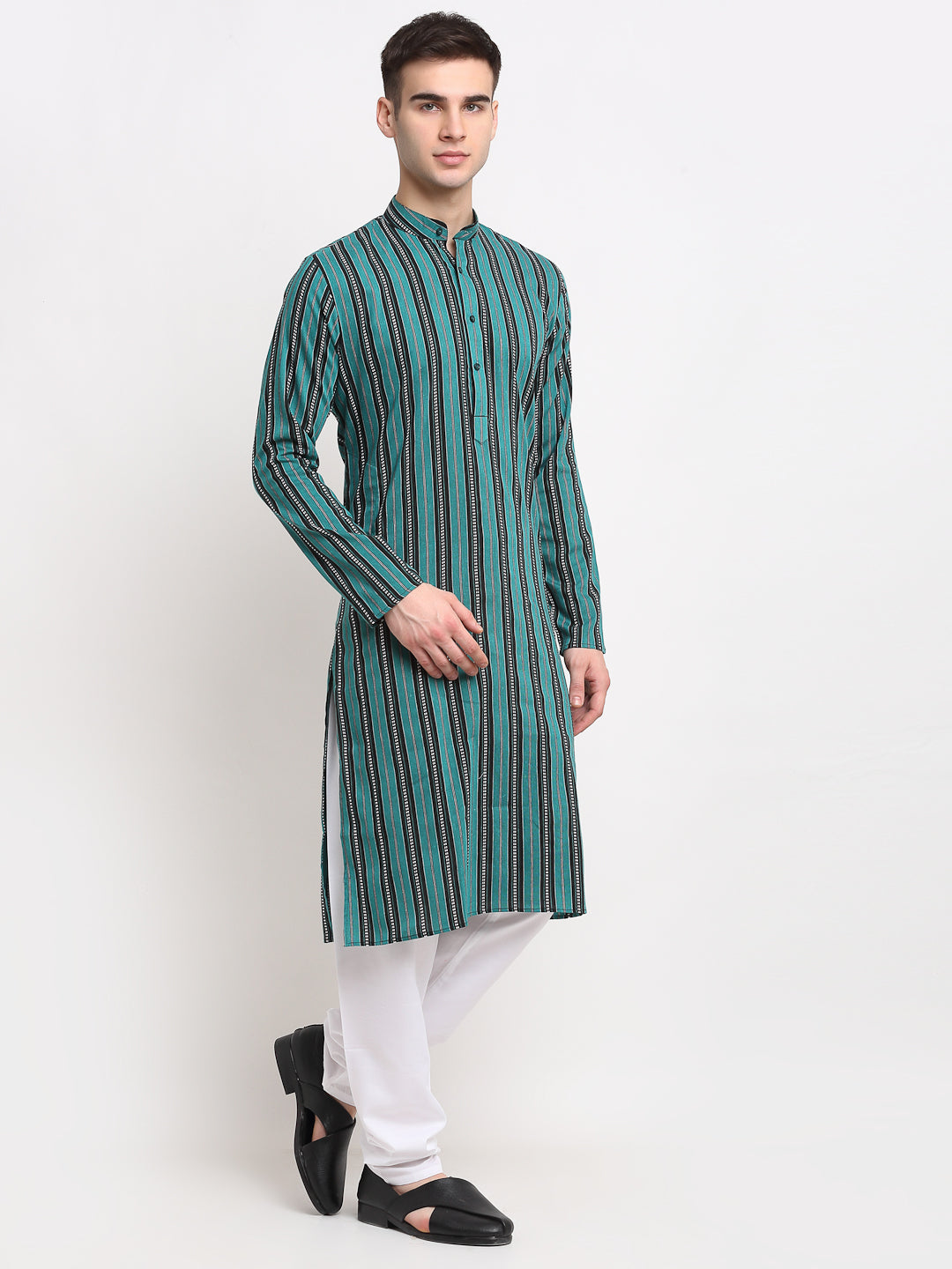 Men's Green Cotton Striped Kurta Payjama Sets ( JOKP 643 Green ) - Virat Fashions