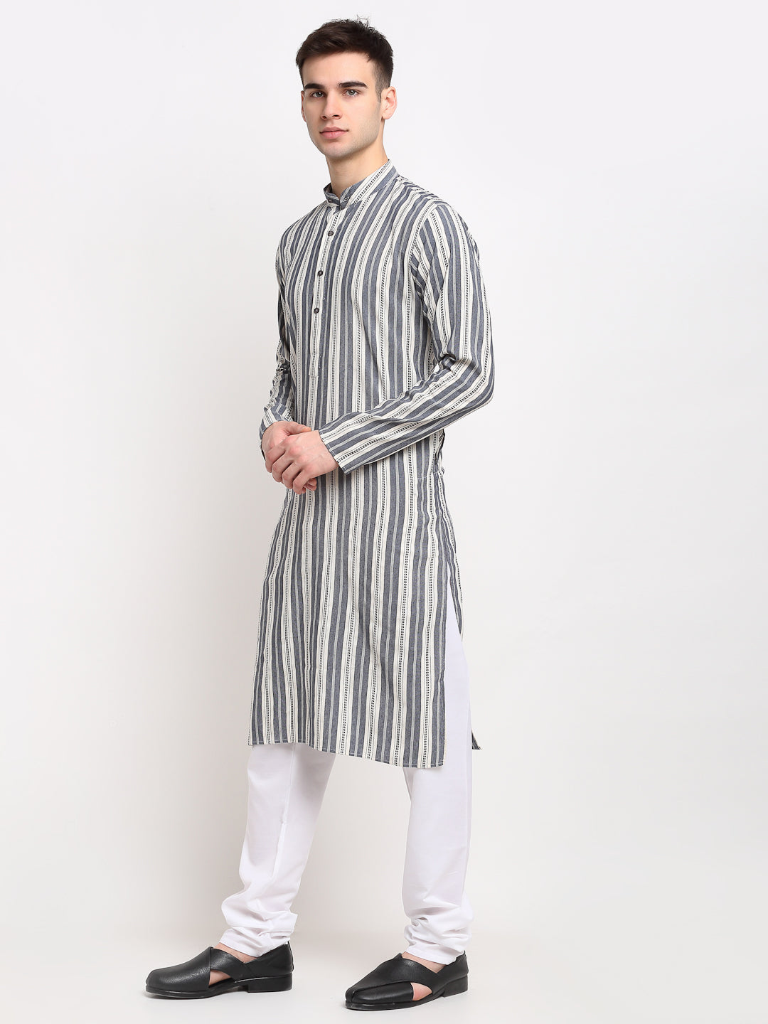 Men's Grey Cotton Striped Kurta Payjama Sets ( JOKP 643 Grey ) - Virat Fashions