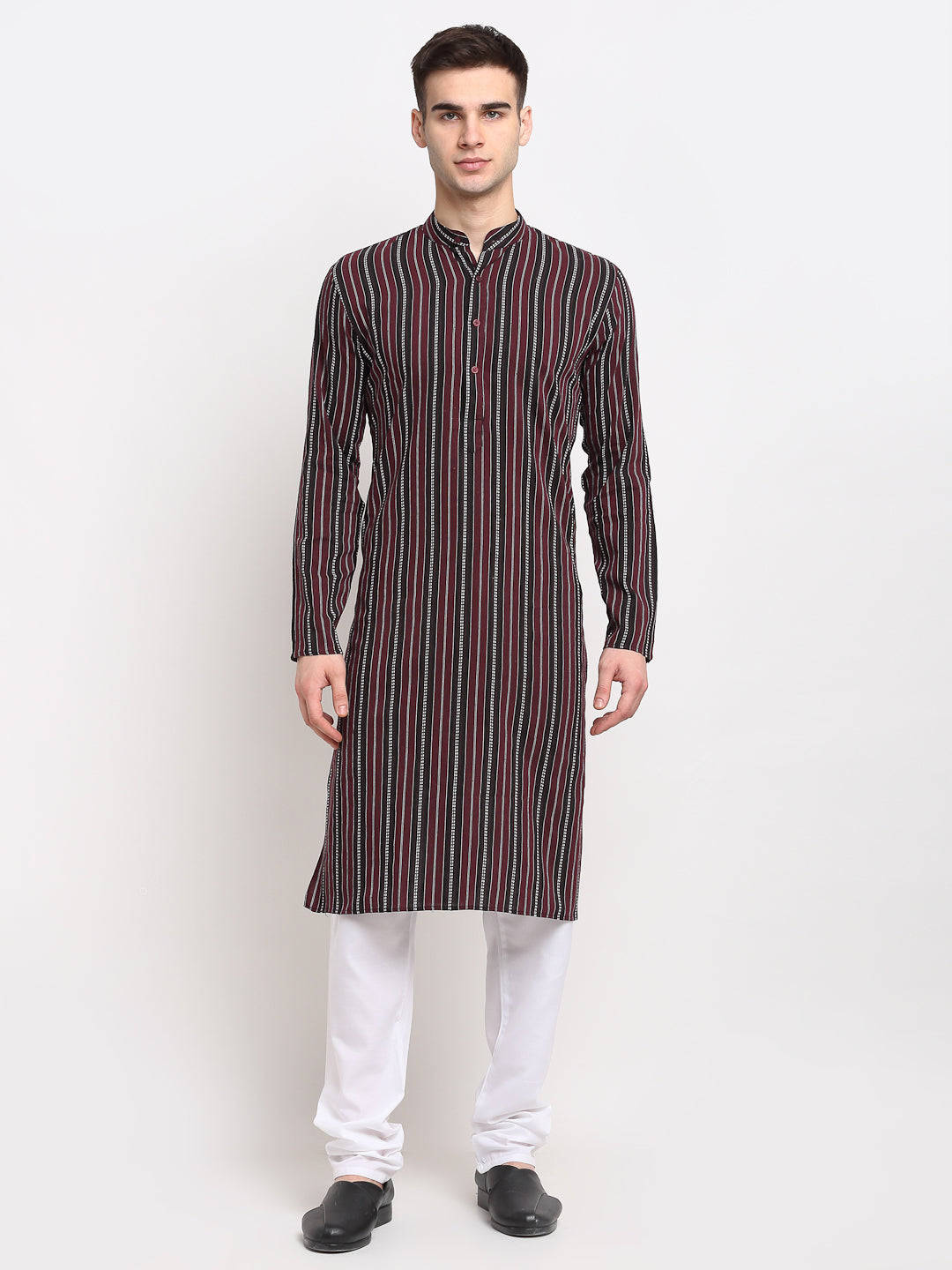 Men's Maroon Cotton Striped Kurta Payjama Sets ( JOKP 643 Maroon ) - Virat Fashions