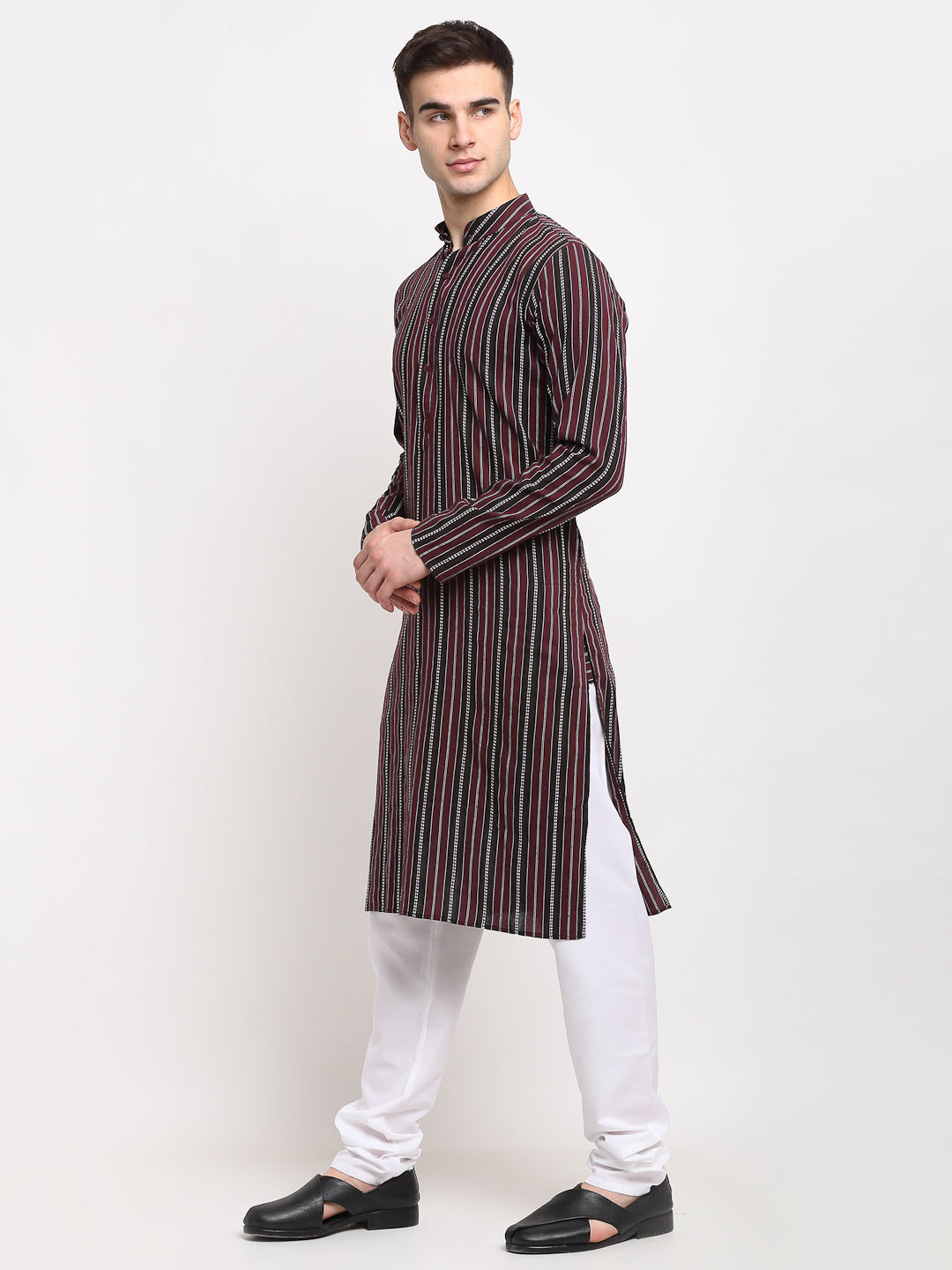 Men's Maroon Cotton Striped Kurta Only ( KO 643 Maroon ) - Virat Fashions