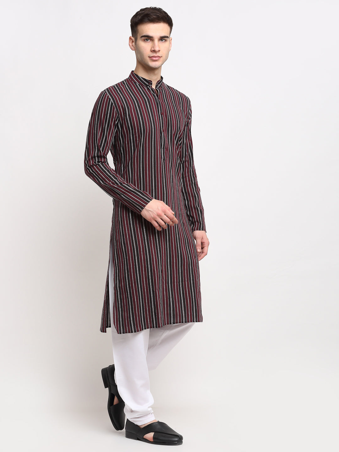 Men's Maroon Cotton Striped Kurta Payjama Sets ( JOKP 643 Maroon ) - Virat Fashions
