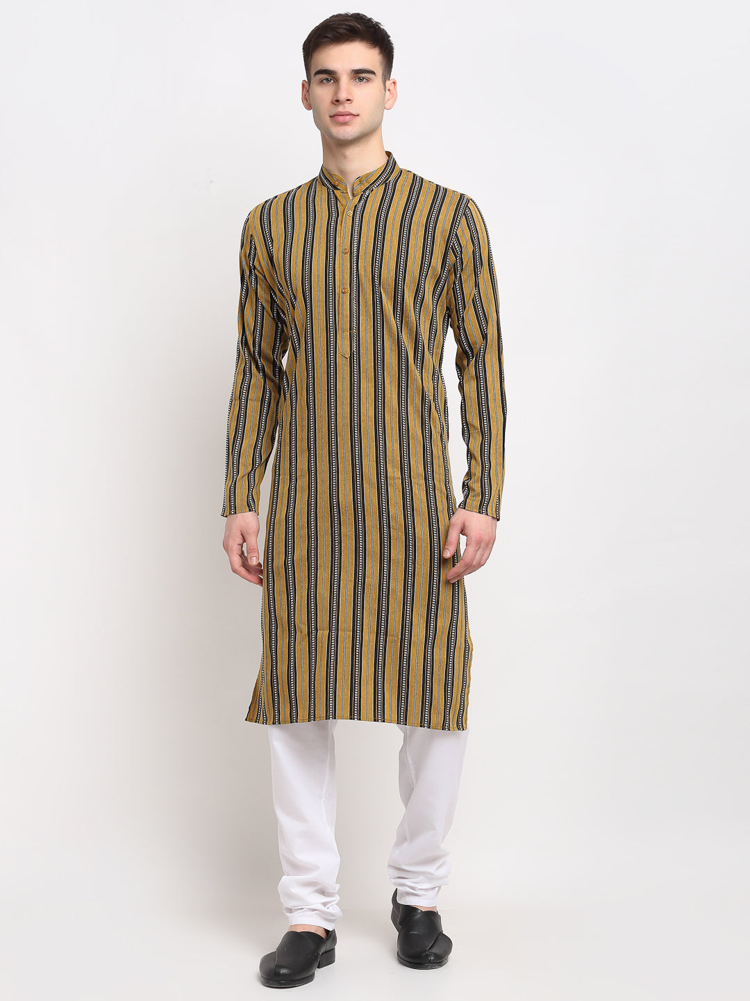 Men's Mustard Cotton Striped Kurta Payjama Sets ( JOKP 643 Mustard ) - Virat Fashions