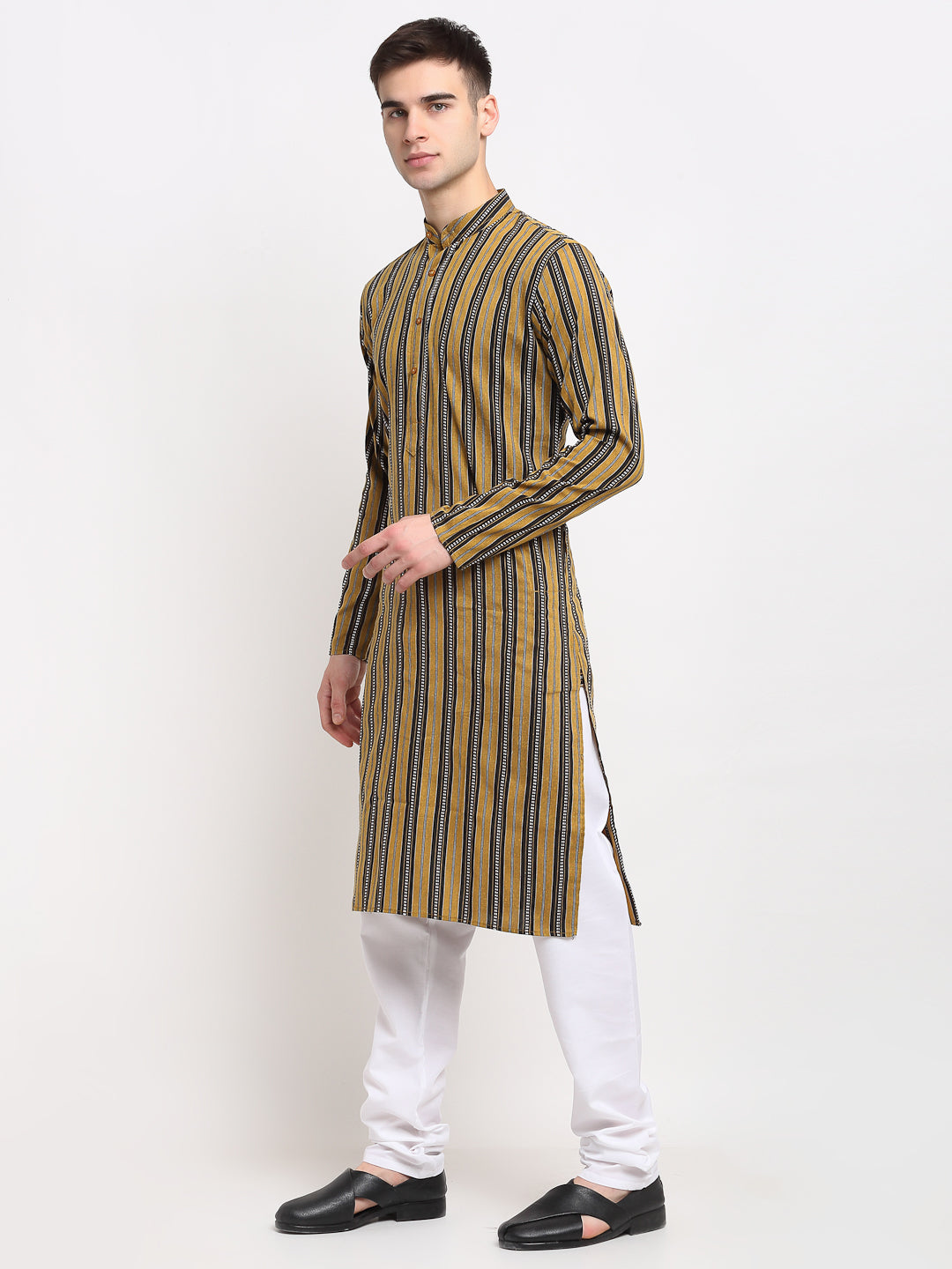 Men's Mustard Cotton Striped Kurta Payjama Sets ( JOKP 643 Mustard ) - Virat Fashions