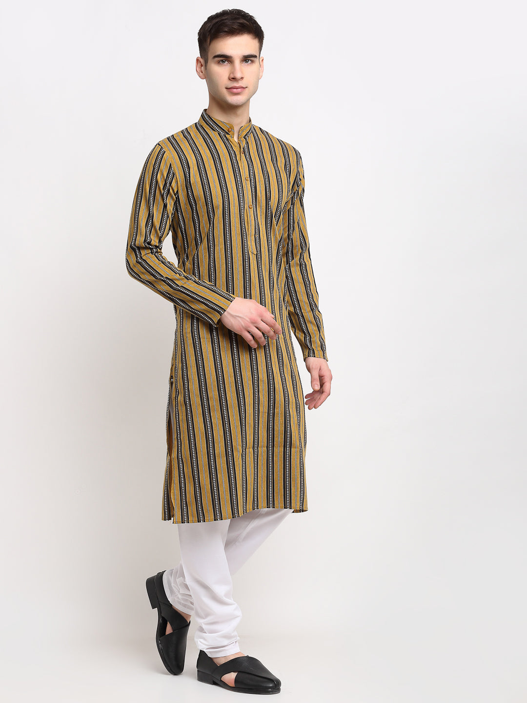 Men's Mustard Cotton Striped Kurta Only ( KO 643 Mustard ) - Virat Fashions