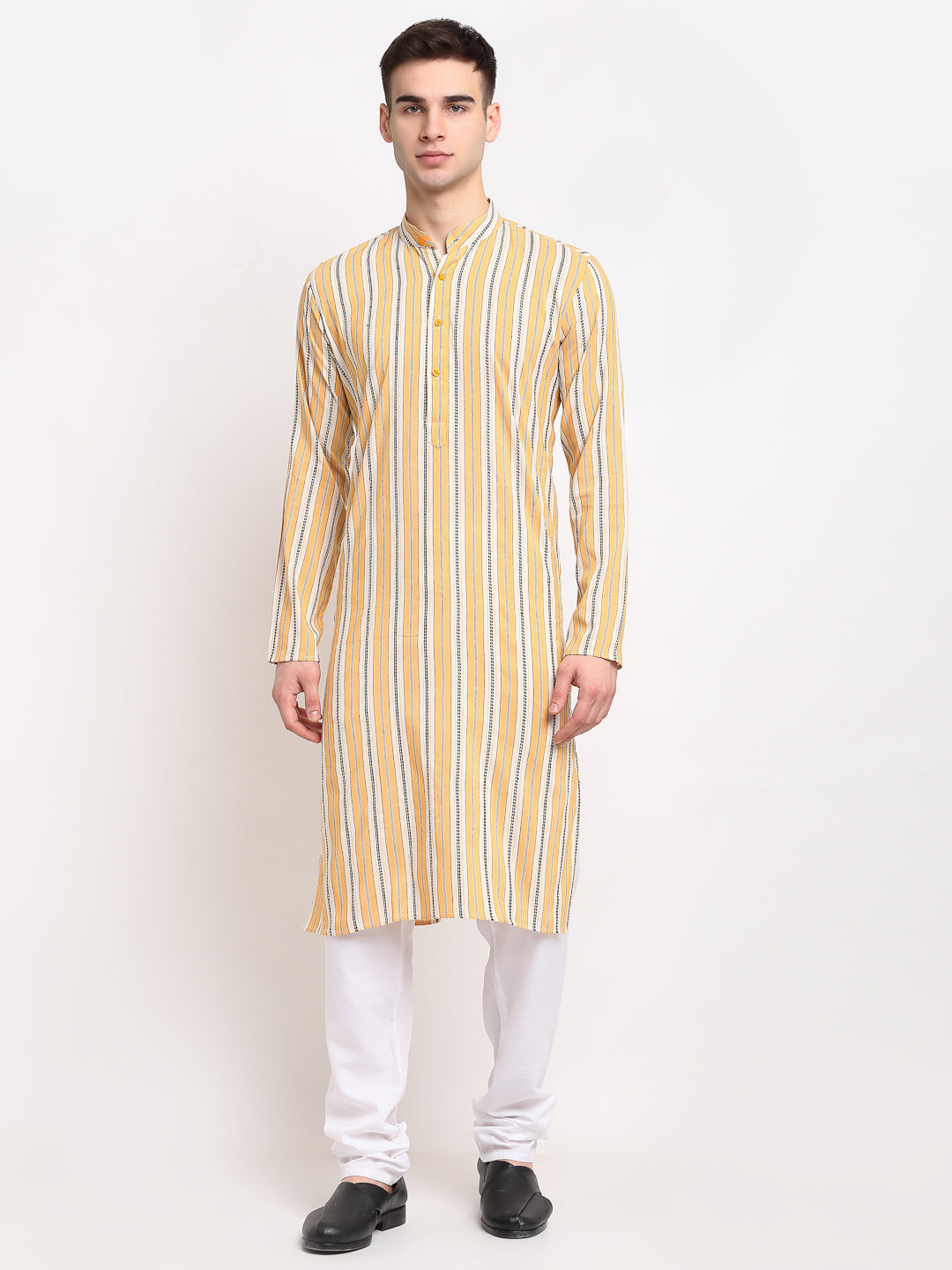 Men's Yellow Cotton Striped Kurta Payjama Sets ( JOKP 643 Yellow ) - Virat Fashions