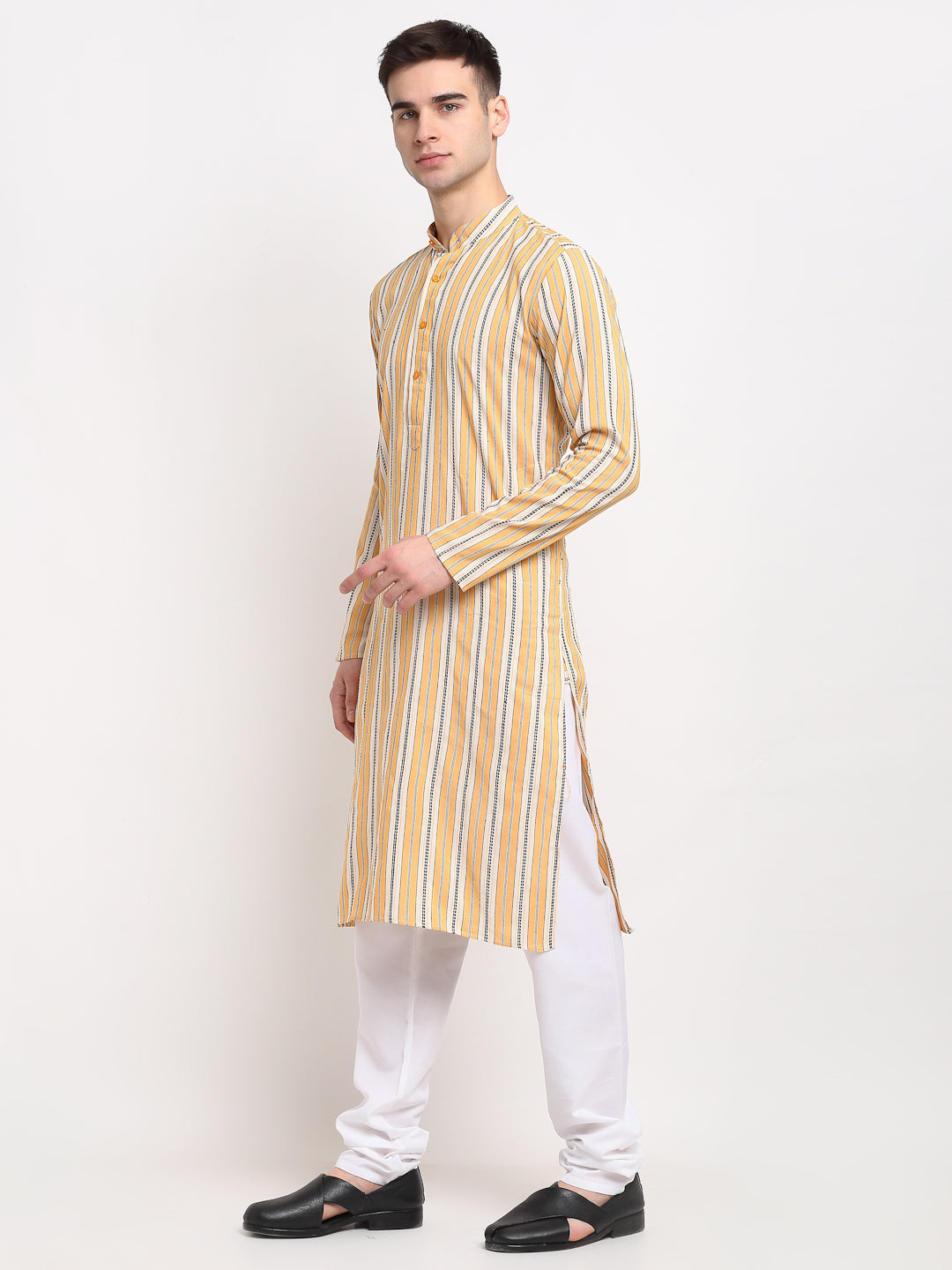 Men's Yellow Cotton Striped Kurta Only ( KO 643 Yellow ) - Virat Fashions