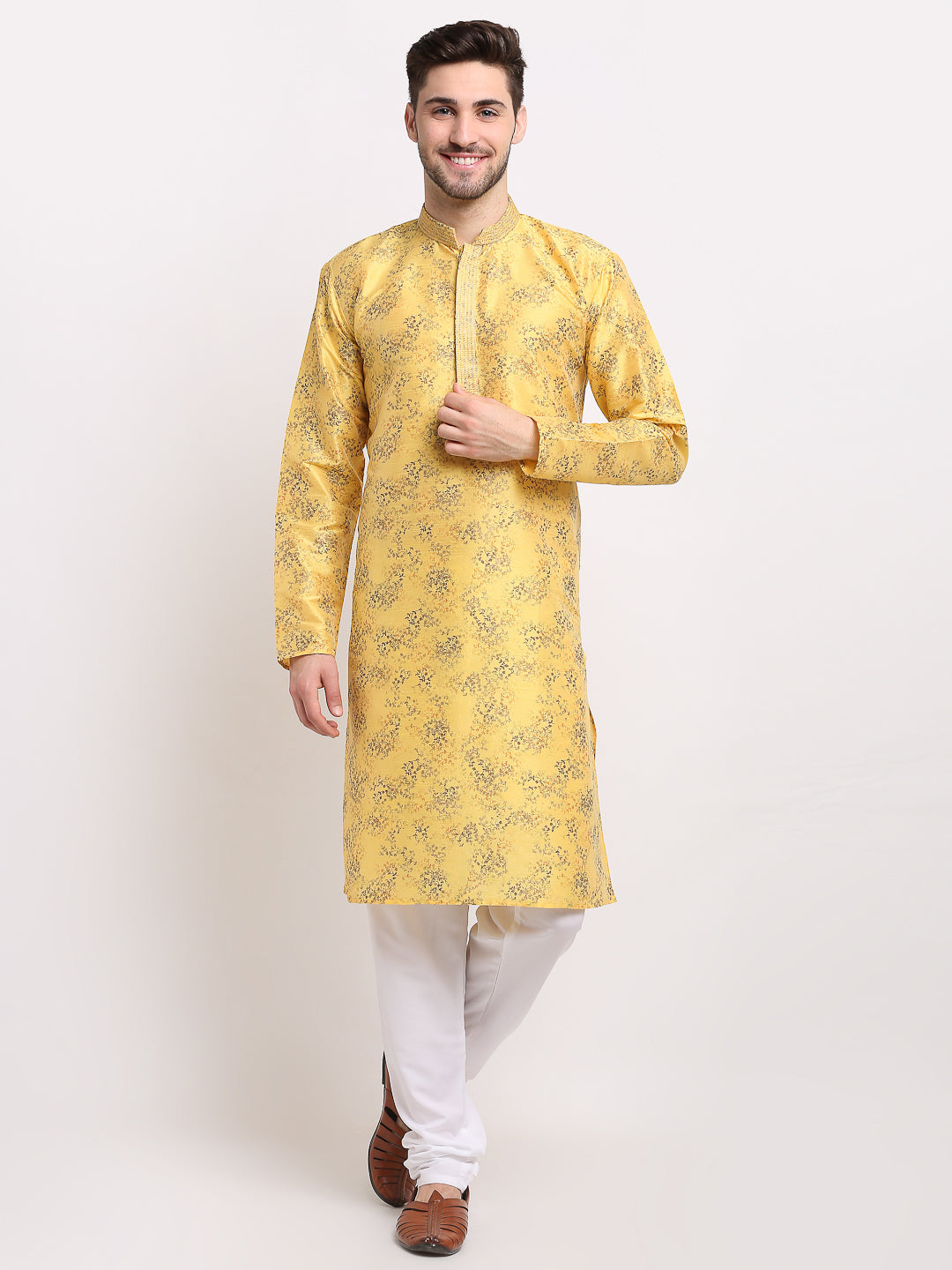 Men's Yellow Dupion Printed Kurta Payjama Sets ( JOKP 644 Yellow ) - Virat Fashions