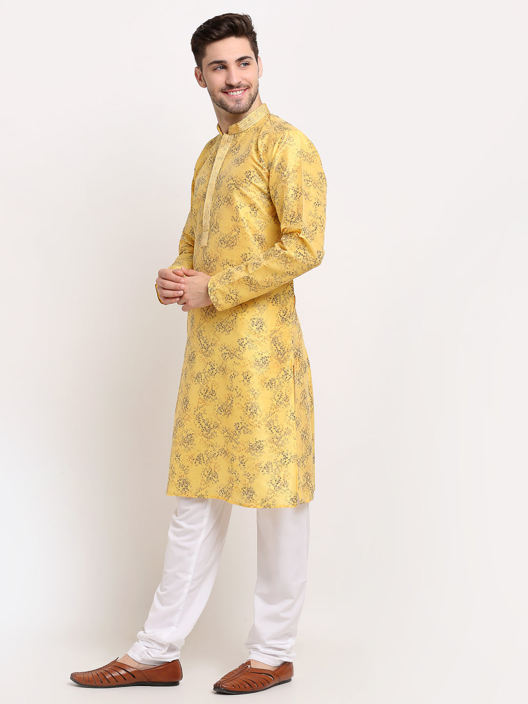 Men's Yellow Dupion Printed Kurta Only ( KO 644 Yellow ) - Virat Fashions