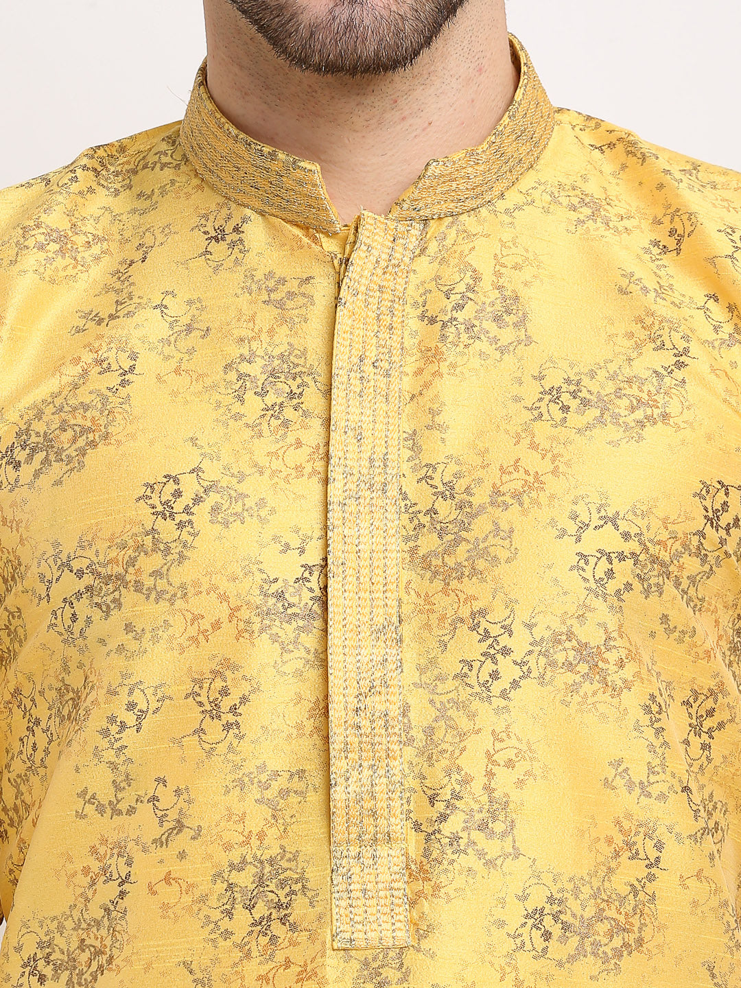 Men's Yellow Dupion Printed Kurta Payjama Sets ( JOKP 644 Yellow ) - Virat Fashions