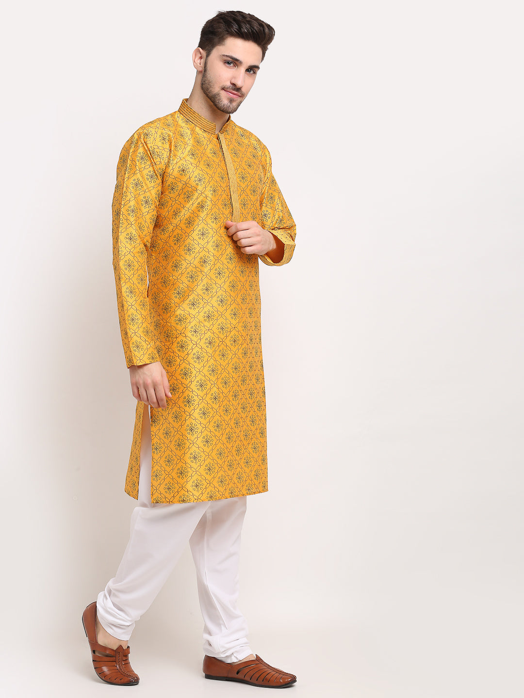 Men's Mustard Woven Kurta Payjama Sets ( JOKP 645 Mustard ) - Virat Fashions