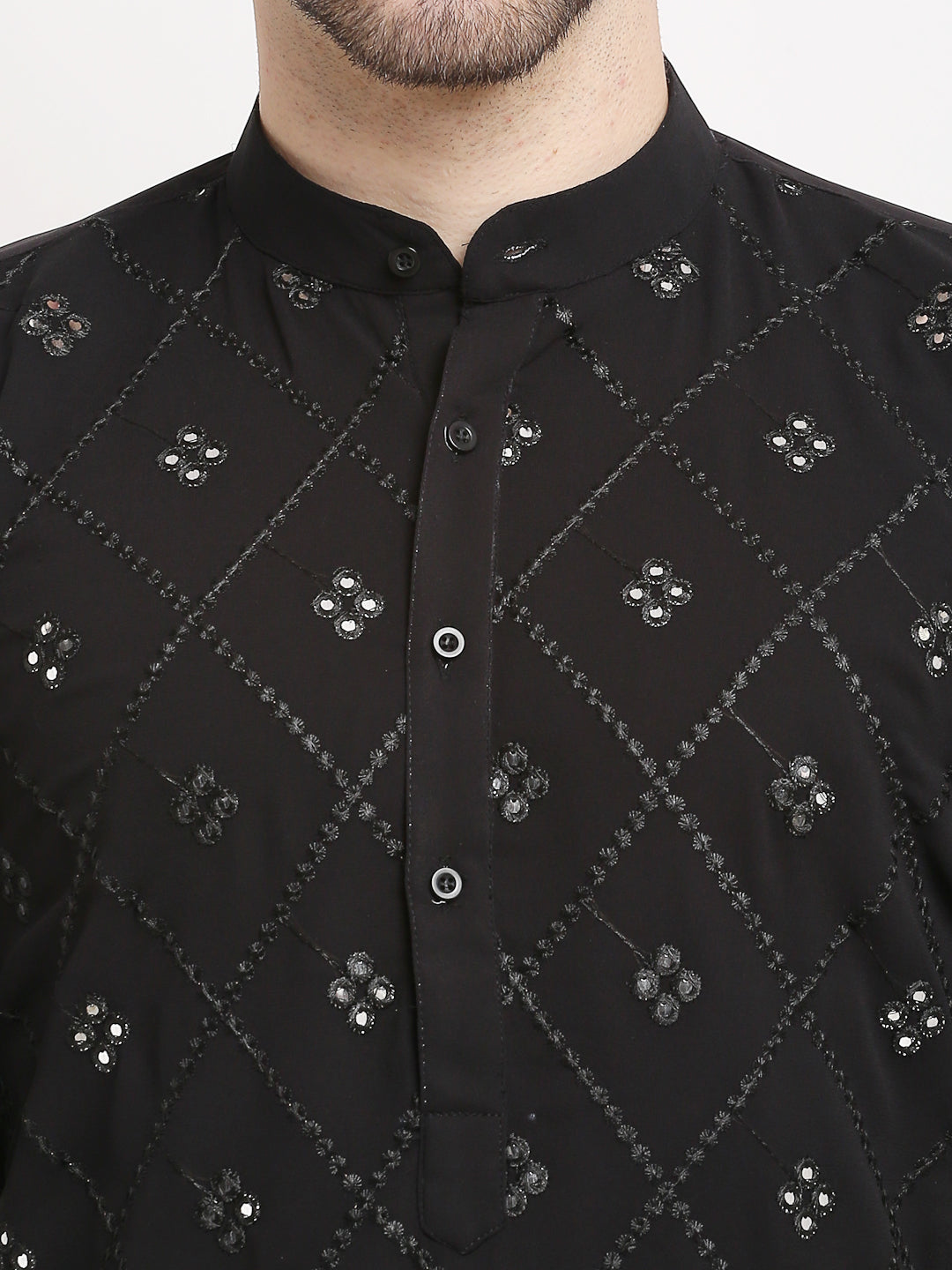 Men's Black Printed Mirror Kurta Payjama Sets  ( JOKP 646 Black ) - Virat Fashions
