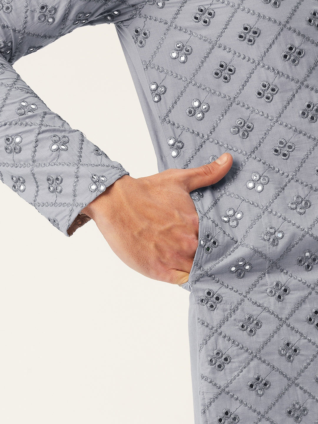 Men's Grey Embroidered Mirror Work Kurta Pyjama ( JOKP 646 Grey ) - Virat Fashions