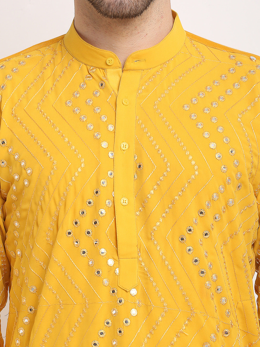 Men's Mustard Printed Mirror Kurta Payjama Sets  ( JOKP 646 Mustard ) - Virat Fashions