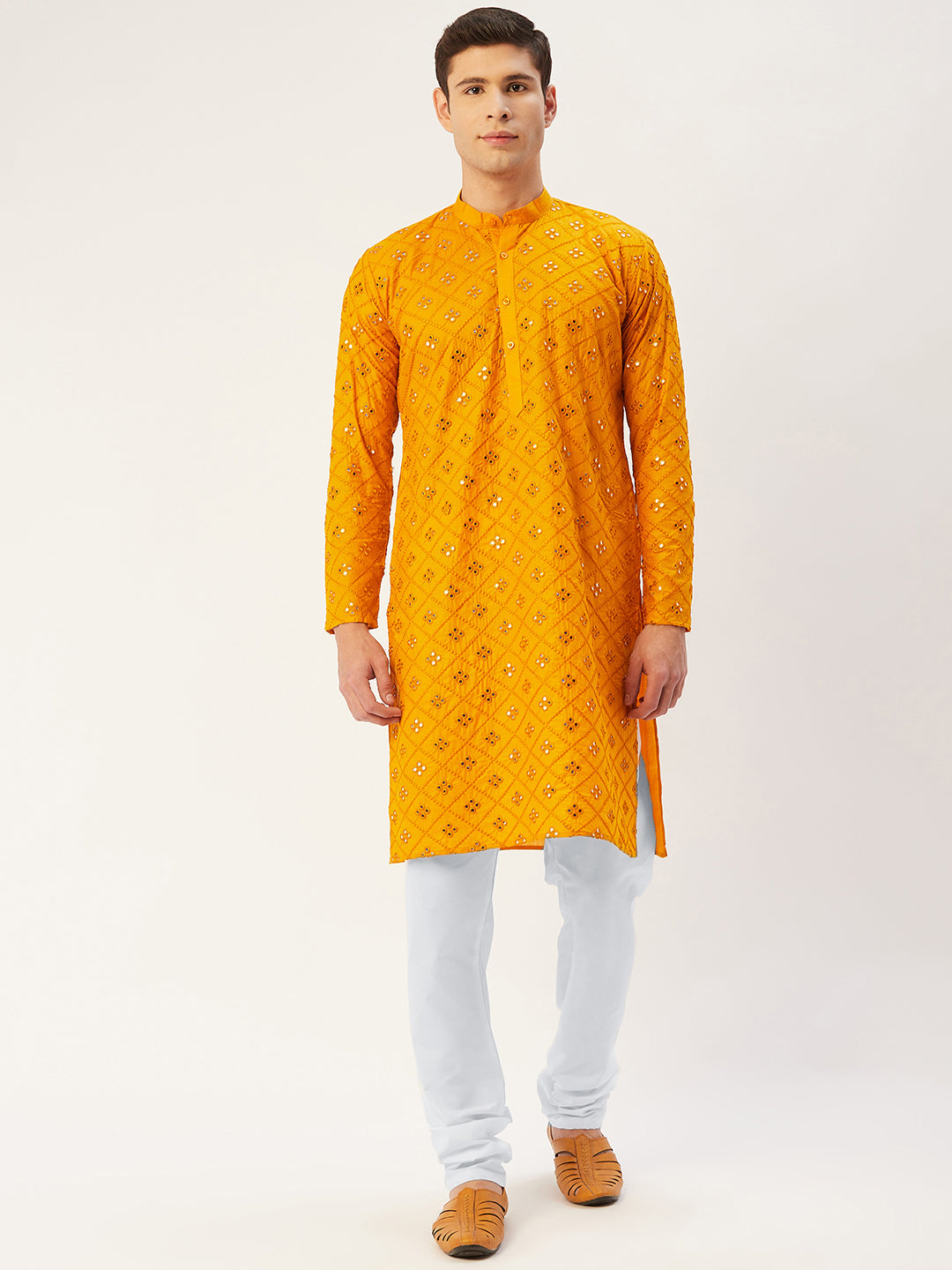 Men's Yellow Embroidered Mirror Work Kurta Pyjama ( JOKP 646 Yellow ) - Virat Fashions