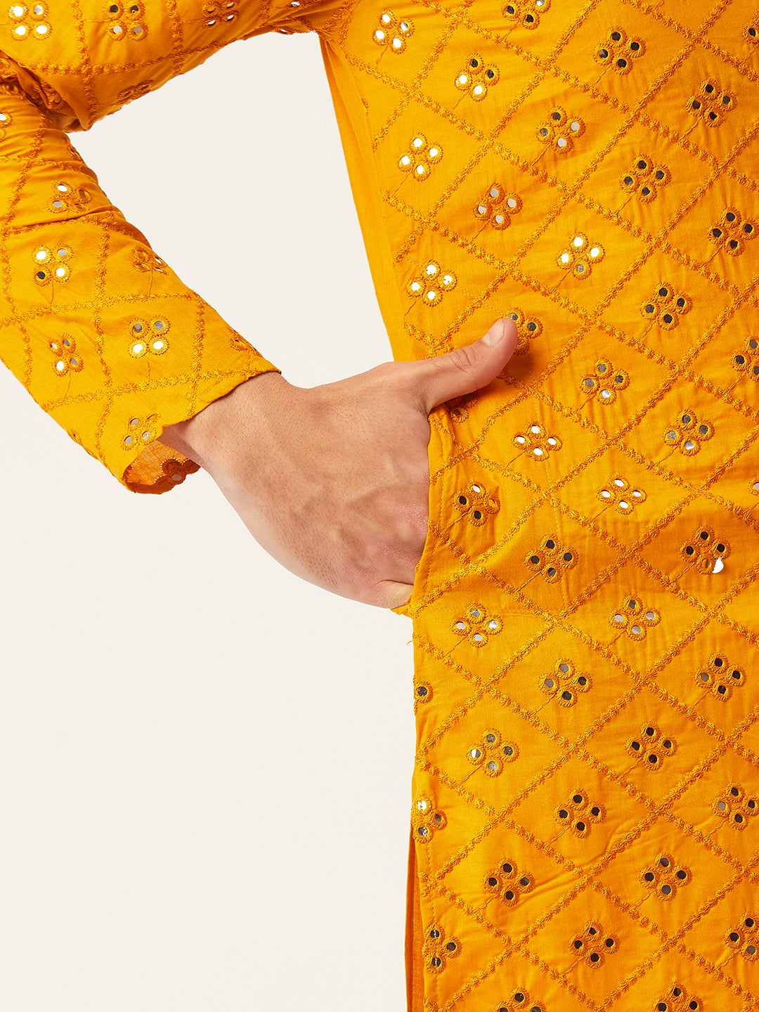 Men's Yellow Embroidered Mirror Work Kurta Pyjama ( JOKP 646 Yellow ) - Virat Fashions